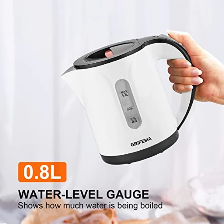 GRIFEMA Wasserkocher Klein, 0.8L, 1100W - Teekocher Elektrisch mit Kalkfilter, Kettle Leise, Schnell, Wasserkocher BPA-Frei, Reisewasserkocher Automatische Abschaltung,Überhitzungsschutz,Weiß – Bild 4