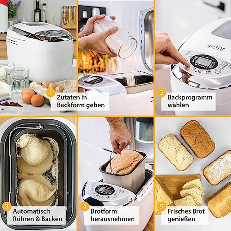 TZS First Austria Brotbackautomat, 850W, 12 Automatik-Programmen, 2 Knethaken, Teig-Programm, Marmelade-Programm, Glutenfrei-Programm, Bräunungsgrad, Start-Verzögerungs-Funktion, weiß – Bild 5
