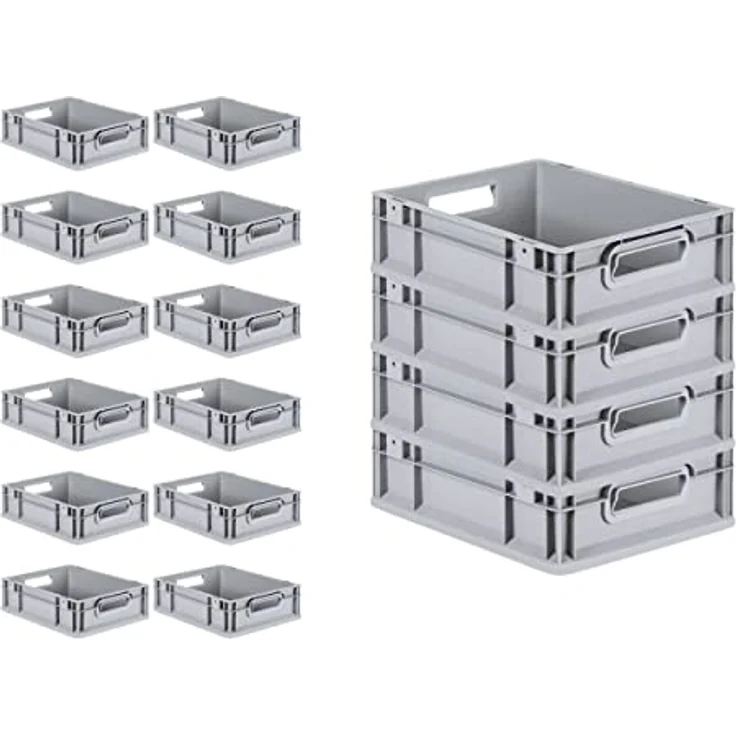 PROREGAL Eurobox NextGen Grip SuperSparSet, 16x Transportbox mit Scharnierdeckel, 11 L, HxBxT 12x30x40cm, lebensmittelecht, Grau, offene Griffe, blaue Schiebeschnappverschlüsse – Bild 3