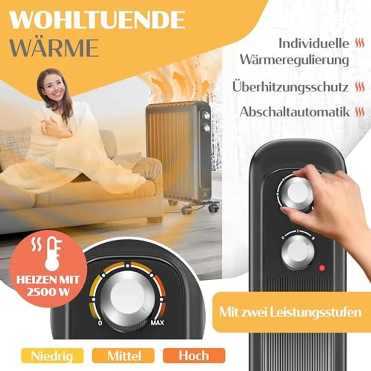 KESSER® Ölradiator 2500W, Elektroheizung mit Thermostat, 3 Heizstufen, Überhitzungsschutz, bewegliche 360° Rollen, Schwarz – Bild 3