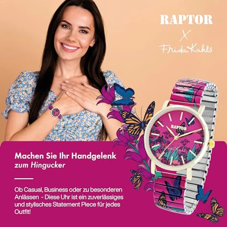 Raptor Damenarmbanduhr FRIDA KAHLO Edition mit Zugband, Quarzuhrwerk, flexibles Edelstahlarmband, gehärtetes Mineralglas, 36 mm, bunt – Bild 5
