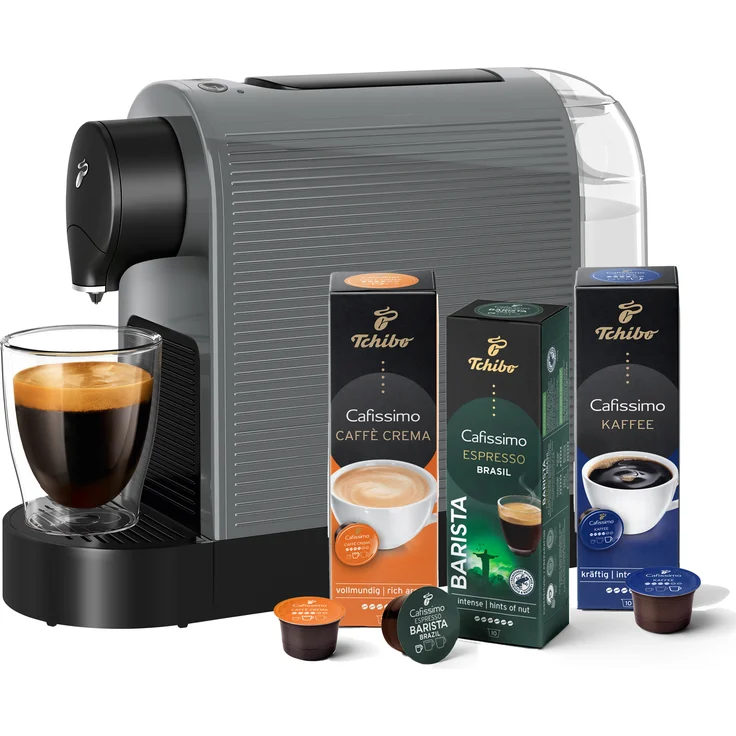 Tchibo Cafissimo „Pure plus“ Kaffeemaschine Kapselmaschine inkl. 30 Kapseln für Caffè Crema, Espresso und Kaffee, 1250 Watt, Grey – Bild 1