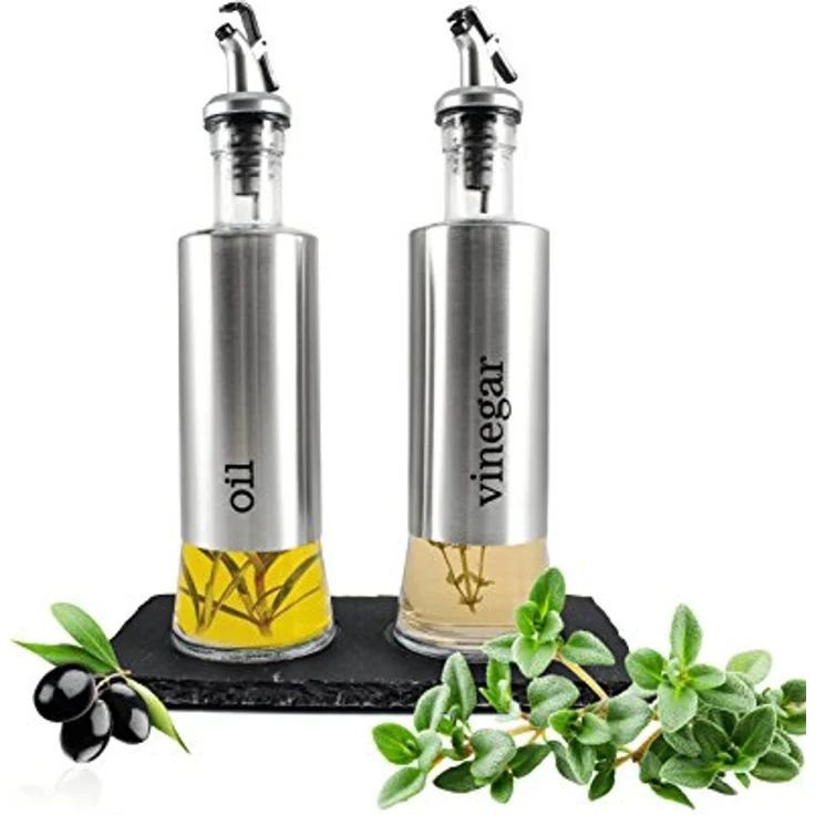 Sendez Öl- & Essigflasche auf Schieferplatte Salz & Pfefferstreuer Ölspender Essigspender Edelstahl Glas – Bild 3
