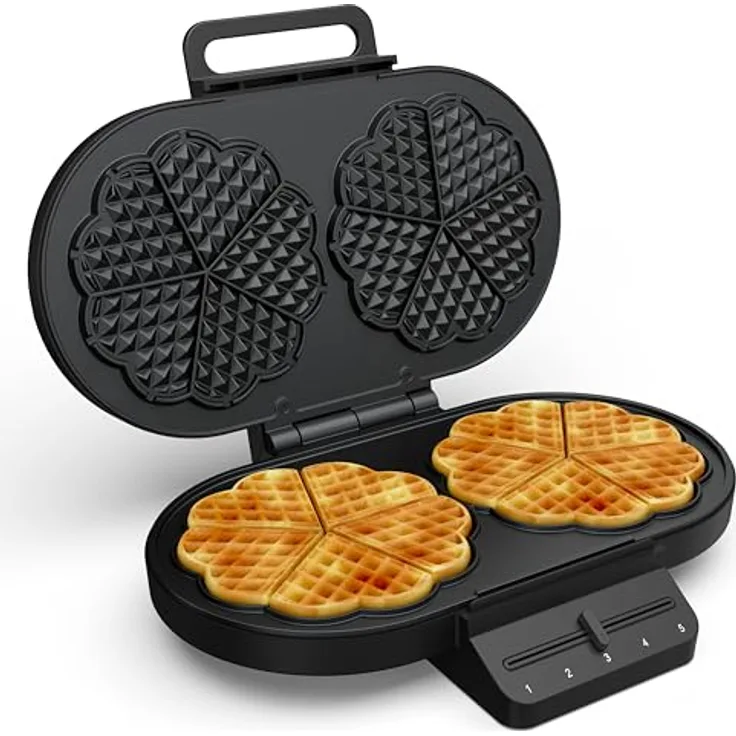 Princess Herzförmiges Waffeleisen, 10 Waffeln pro Backvorgang, 1200W, Thermostat, Antihaftbeschichtung, Cool-Touch-Griffe, Überhitzungsschutz, Vertikale Lagerung, Schwarz