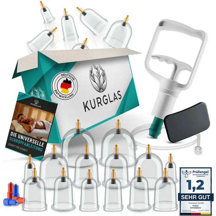 KURGLAS Massagegerät Schröpfgläser aus Kunststoff [14 Teilig], 14 Stück 14-tlg., Schröpfglas mit Vakuumpumpe & Faszienschaber, Schröpfset mit e-Book - Gegen Verspannungen & Cellulite, KURGLAS Massagegerät in 14-teiliger Ausführung