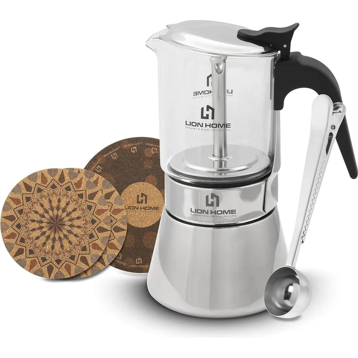 Lion Home Espressokocher, Edelstahl-Glas Design mit Kork-Untersetzern, für 6 Tassen, leicht zu reinigen