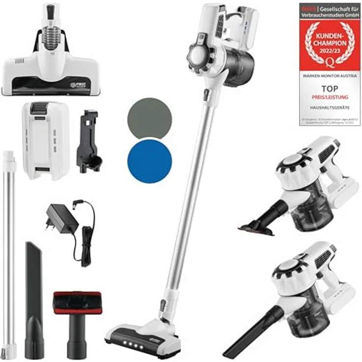 TZS First Austria Akku Handstaubsauger | LED Beleuchtung | bis zu 40 min Akkulaufzeit | HEPA-Filter | 2-in-1 | Wandladestation | 0,5l Staubbehälter | weiß/grau