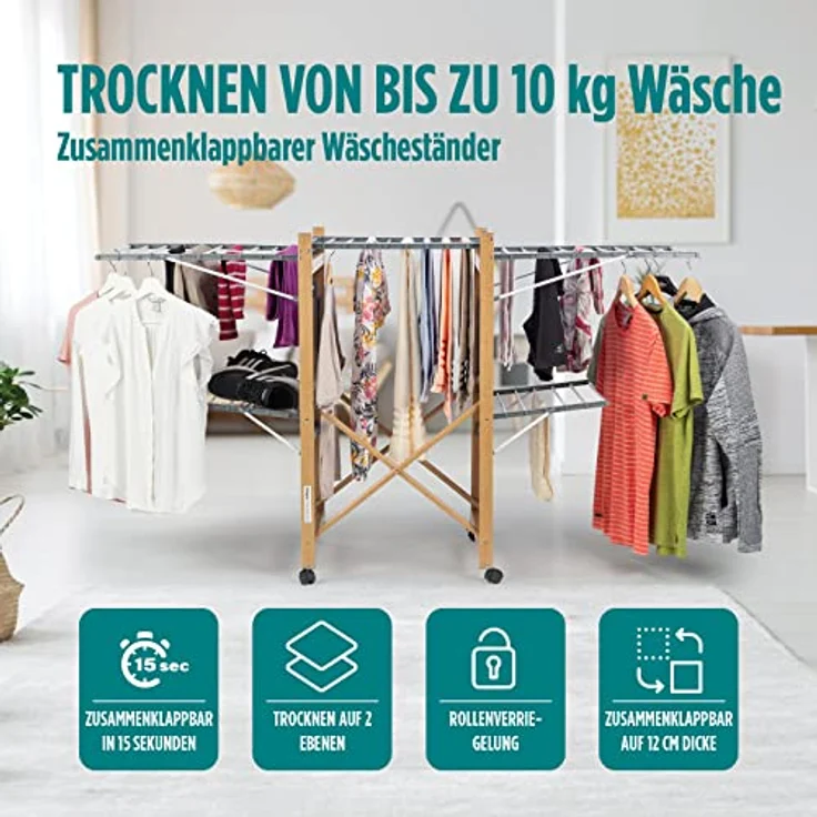 Vitapur House Care Wäscheständer - Ausziehbarer Standtrockner im Holzoptik - Mobile mit Rollen - Klappbarer Flügelwäschetrockner auch für Lange Wäschestücken - für Innen und Draußen – Bild 2