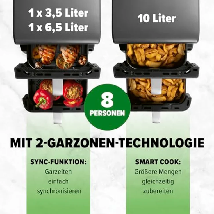 GOURMETmaxx FryUp Doppelkammer Heißluftfritteuse MultiSize 10 L, vertikaler Airfryer mit 2 Kammergrößen, 10 Programme & LED-Touchdisplay – Bild 5