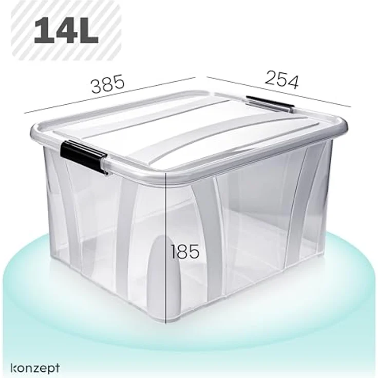 KONZEPT Aufbewahrungsbox mit Deckel, 14L-3er Set, BPA-frei, mit robusten Verschlussclips und staubbaren Design – Bild 2