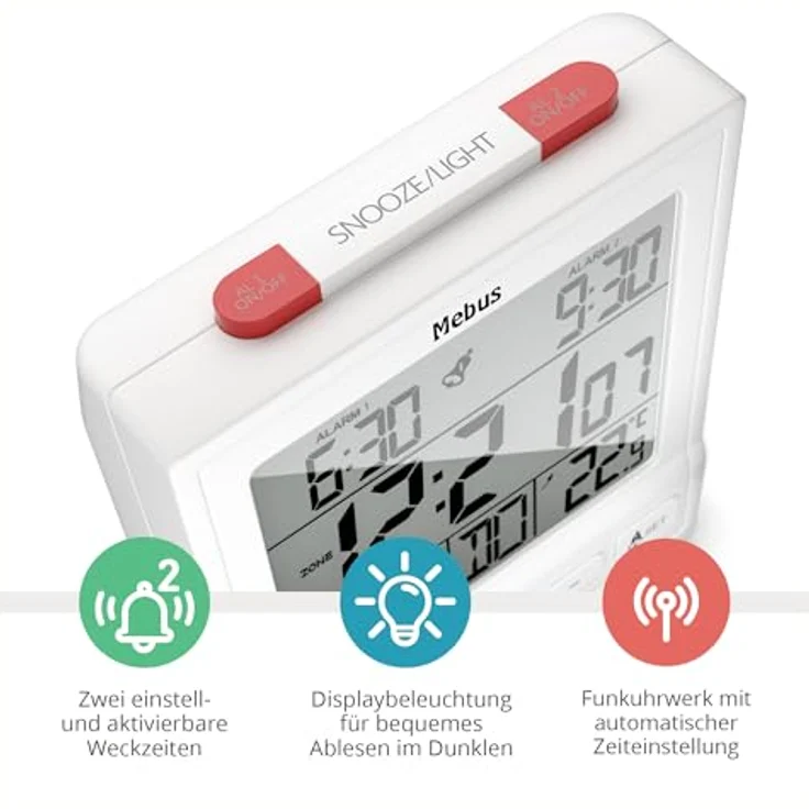 Mebus Digitaler Funk-Wecker mit Thermometer, Datumsanzeige, zwei Weckzeiten, Weckwiederholung, automatische Sommer- und Winterzeitanpassung, Hintergrundbeleuchtung, Weiß – Bild 2