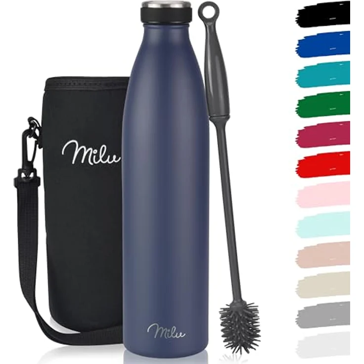Milu Edelstahl Trinkflasche 750ml, doppelwandige Thermosflasche, auslaufsicher, kohlensäuregeeignet, Navyblau – Bild 1
