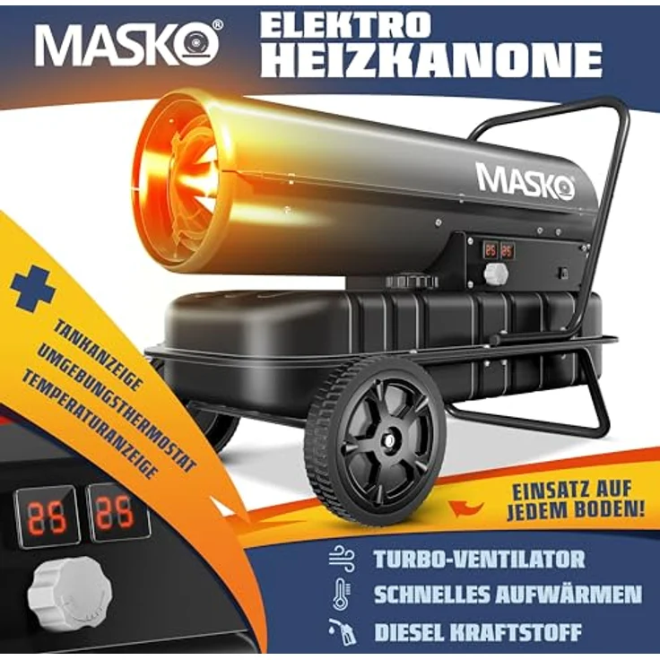 MASKO® Heizkanone 30kW Diesel, Baustellenheizer mit Thermostat, 750m³/h, 34L Tank, anthrazit – Bild 3