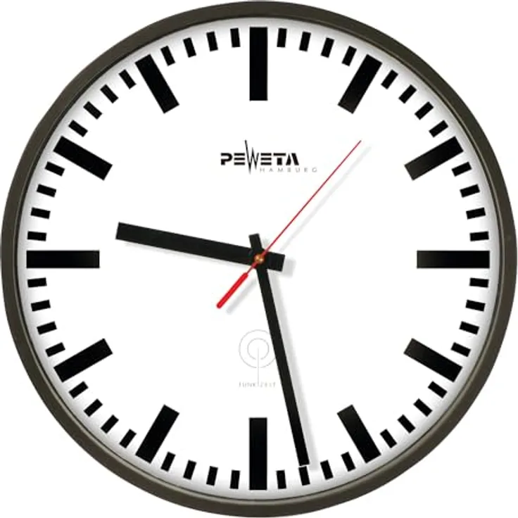 Peweta Funkwanduhr, analoge Wanduhr aus Kunststoff, 30 cm, schwarzes Gehäuse mit Balken-Zifferblatt