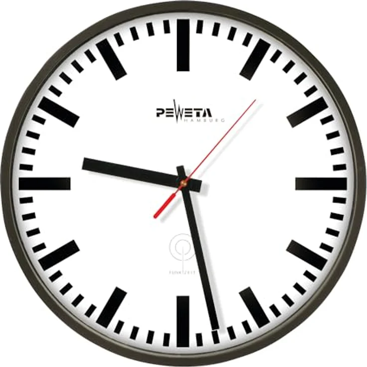 Peweta Funkwanduhr, analoge Wanduhr aus Kunststoff, 30 cm, schwarzes Gehäuse mit Balken-Zifferblatt – Bild 1