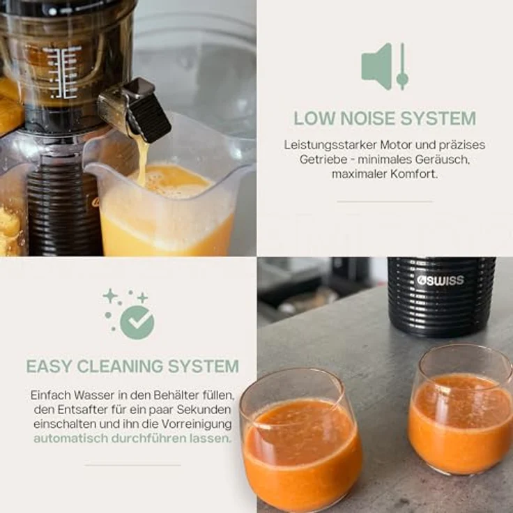 4Swiss Slow Juicer BM202, Entsafter mit Ultem-Schnecke, 40 U/Min, XXL-Einfüllschacht, leise, BPA-frei, schwarz – Bild 3