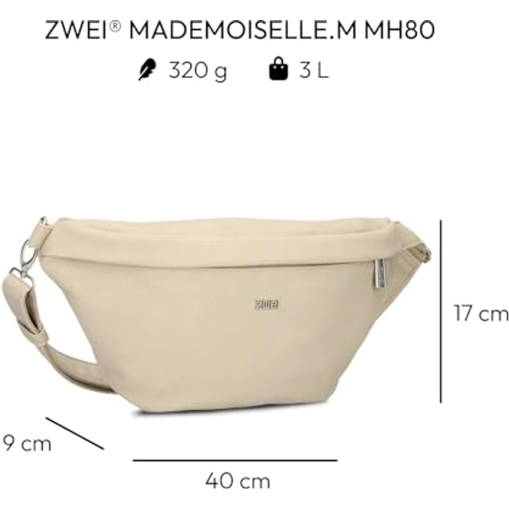 Zwei Mademoiselle.M MH80 Crossbag, Umhängetasche im sportlichen Design, Nubuk-Linen beige, 35 cm x 19 cm x 2,5 cm, abnehmbarer, verstellbarer Schultergurt – Bild 2