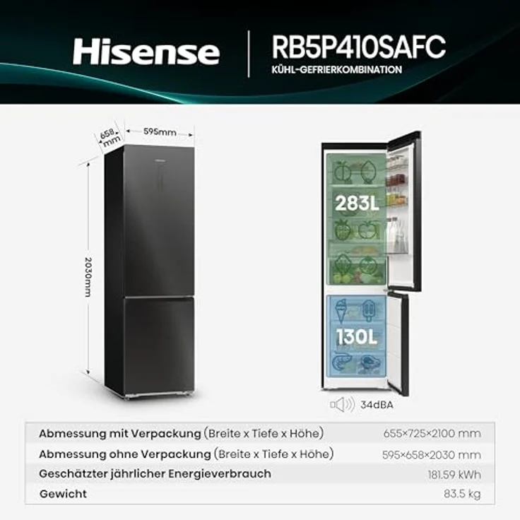 HISENSE RB5P410SAFC Kühlgefrierkombination, 413 l, Energieeffizienzklasse C, 2030 mm hoch, Schwarz – Bild 3