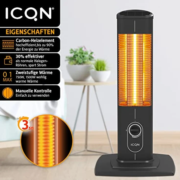 ICQN Stand Heizstrahler 1500 W, Infrarotheizung für Innen- & Außenbereich, Standgerät, IP20, Metallgehäuse mit Schutzgitter – Bild 2