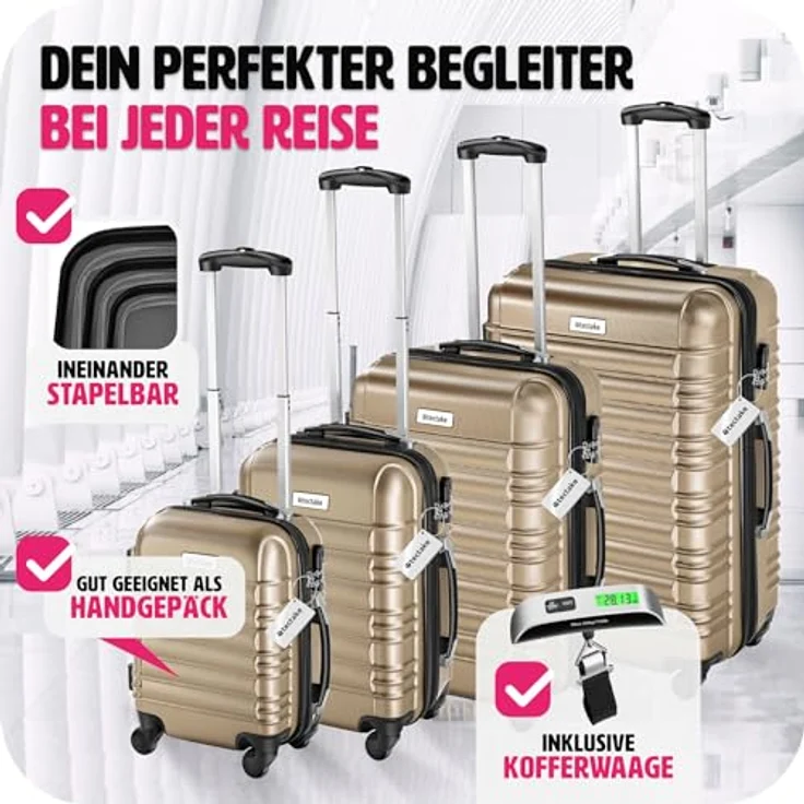 tectake® 4tlg. Hartschalenkoffer Set, Reisekoffer Set mit Rollen, Hartschale aus ABS, Koffer Set mit Teleskopgriff und Schloss, ink. Kofferwaage und Kofferanhänge, Trolley Größen S-M-L-XL - champagner – Bild 4
