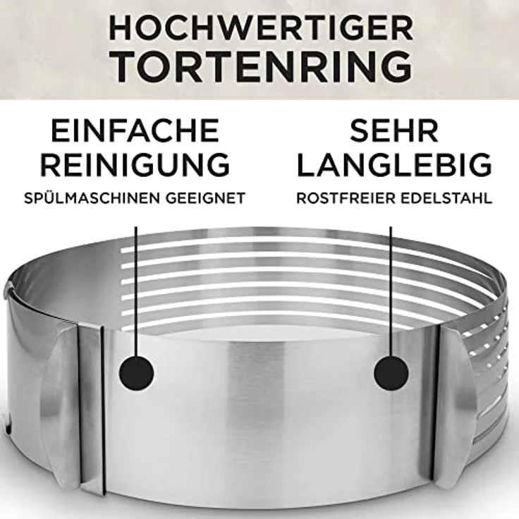 LAVUR Tortenring-Set, Backform im 3er Set mit verstellbarem Tortenring (23-30cm), Konditormesser und Tortenretter, spülmaschinenfest, für 8 gleichmäßige Böden – Bild 3