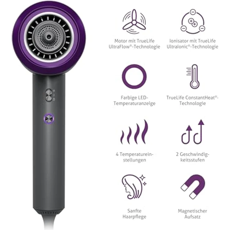 TrueLife Haartrockner TrueLife HairDryer D3, Ionisator, 2 Geschwindigkeiten, 4 Temperaturen, leise (schwarz) – Bild 3