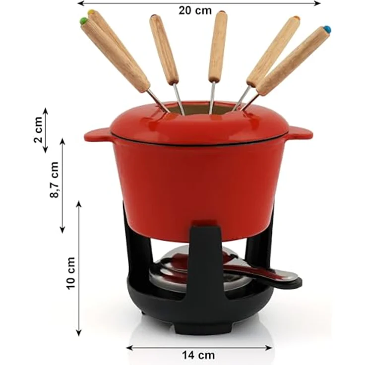 BBQ-Toro Gusseisen Fondue Set für 6 Personen | 1 Liter | Fondueset 13 teilig mit Brenner und Gabeln | Fondue-Set, Käsefondue Set, Fleischfondue Set, Schokofondue Set (rot/Creme emailliert) – Bild 2