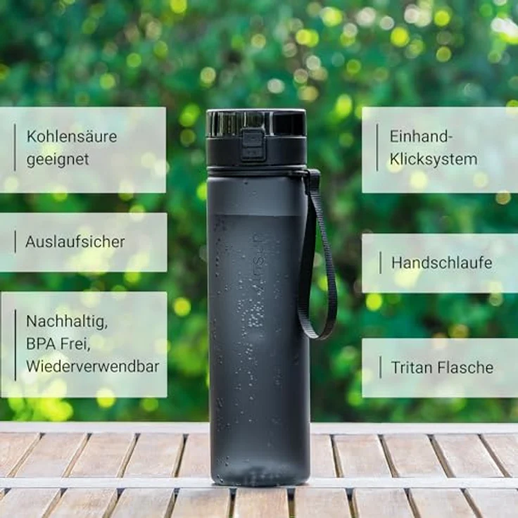 VINSUN Trinkflasche 1L schwarz - auslaufsicher, Kohlensäure geeignet, BPA frei, Tritan, Einhandbedienung - Leichte Wasser Flasche für Sport, Schule, Uni, Fahrrad – Bild 2