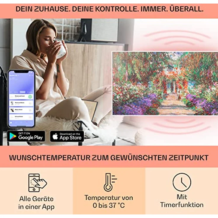 Klarstein Infrarotheizung mit Thermostat, 700W Elektroheizung, Smart Home Bild-Infrarotheizung zur Wandmontage, IR mit IoT/WiFi App-Control, Feuchtraum Flach-Heizkörper, CO2-Freie Wand Heizung – Bild 3