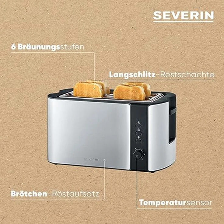SEVERIN Automatik-Toaster, 2 Langschlitzkammern, Für bis zu 4 Brotscheiben, 1.400 W, AT 2590, Edelstahl-Schwarz – Bild 4