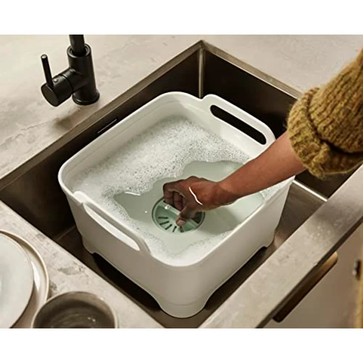 Joseph Joseph Wash & Drain - Kitchen Spülschüssel, Abwaschschüssel mit Griffen und Ablaufstopfen, 9 Liter - Stein/Grün – Bild 4