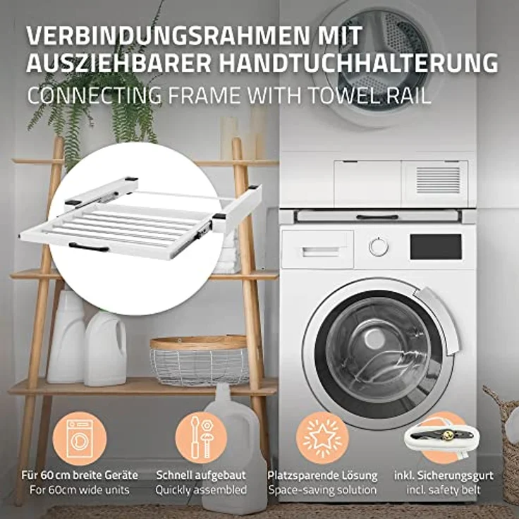 ML-Design Zwischenbaurahmen mit Wäscheleine, Stahl 60,5x54,5cm Weiß, Trocknersäule mit ausziehbarer Handtuchhalter – Bild 2
