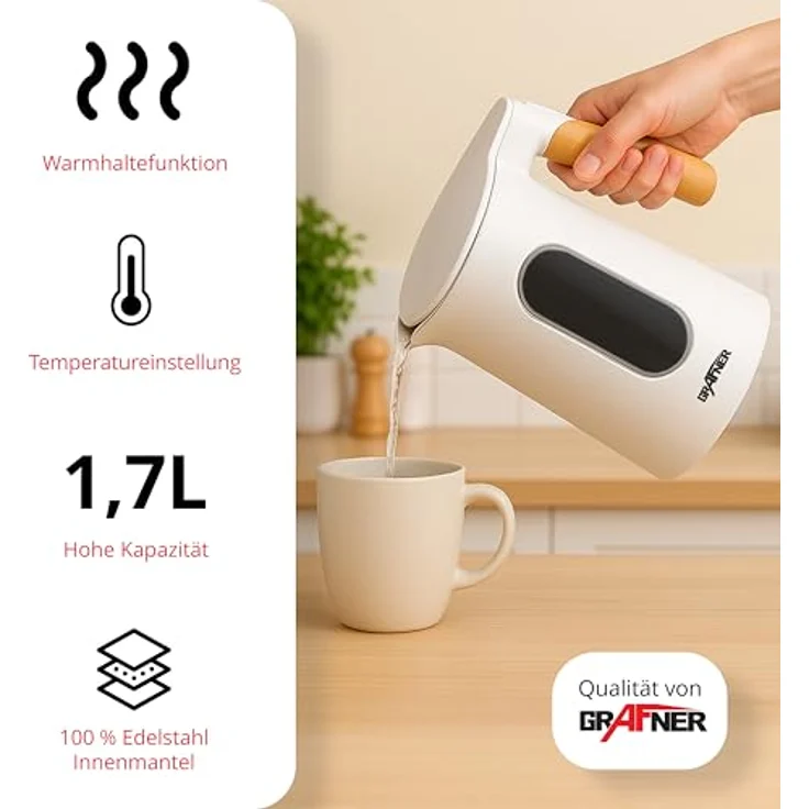 Grafner Edelstahl Wasserkocher 1,7L mit Temperatureinstellung 40°C-100°C, Warmhaltefunktion, Memoryfunktion, LCD-Display, Doppelwand, 2200 Watt, digital (Weiß) – Bild 5