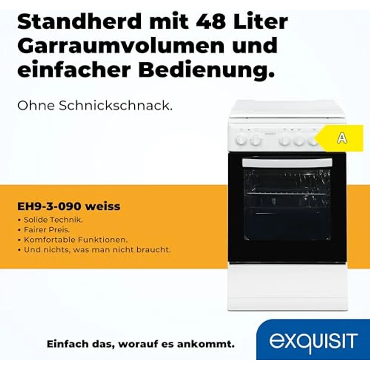 Exquisit Standherd 50 cm, Massekochfeld, 48 l Garraum, einfach zu bedienen, Elektro-Standherd weiss – Bild 2