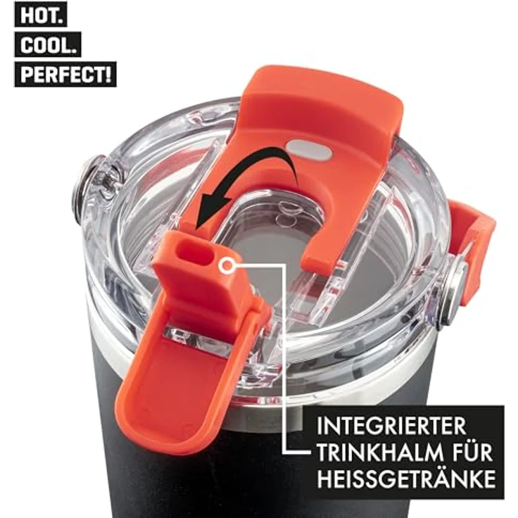 ROTPUNKT Thermobecher Edelstahl 500 ml, Isolierbecher mit Strohhalm & Click & Go Trinköffnung, auslaufsicher, BPA-frei, klappbarer Tragegriff, schwarz – Bild 4