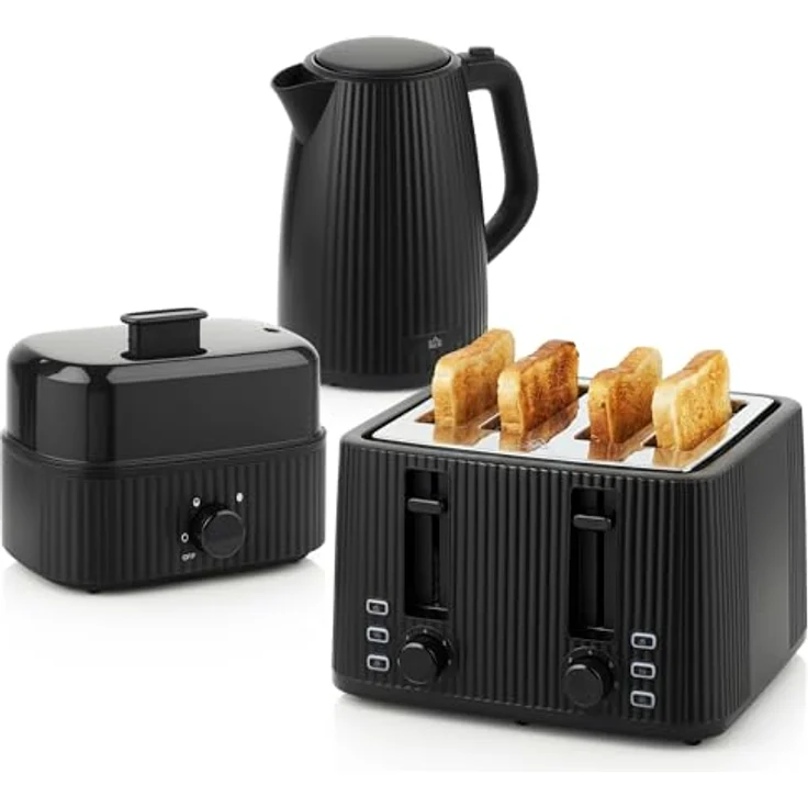 HOMCOM Wasserkocher-Toaster-Eierkocher Set, 1,7L Wasserkocher, 4-Scheiben Toaster in Schwarz mit Sicherheitsfunktionen und Signalton-Timer – Bild 1