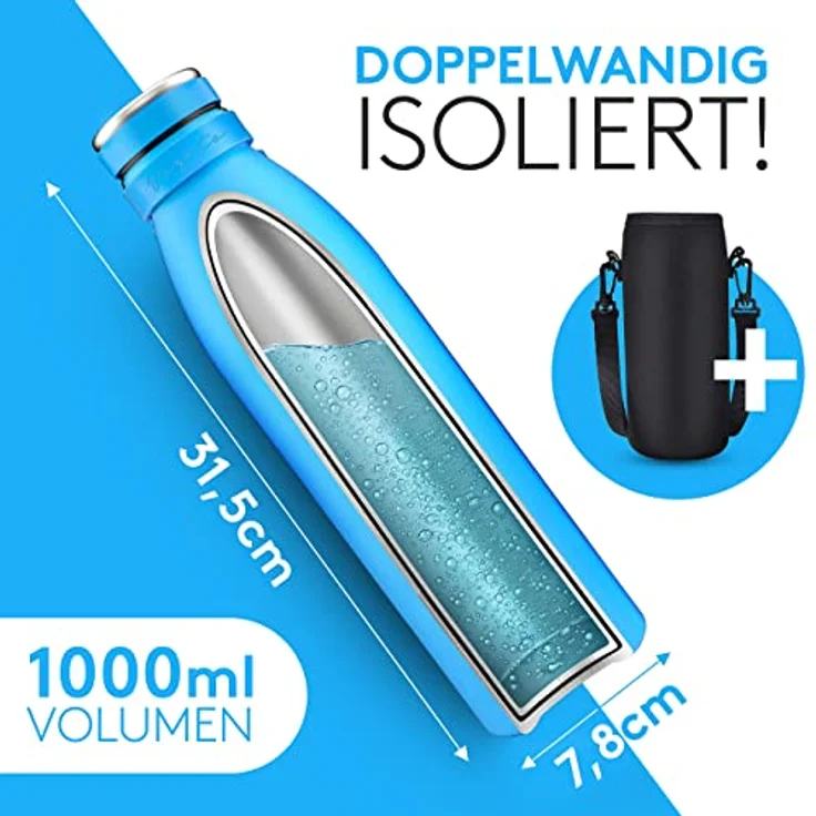 Vezato Trinkflasche Edelstahl - BPA-freie Isolierflasche 1 Liter - Auslaufsichere Wasserflasche mit doppelter Isolierung - Thermosflasche spülmaschinenfest - Für Kohlensäure geeignet - Nachhaltig – Bild 2