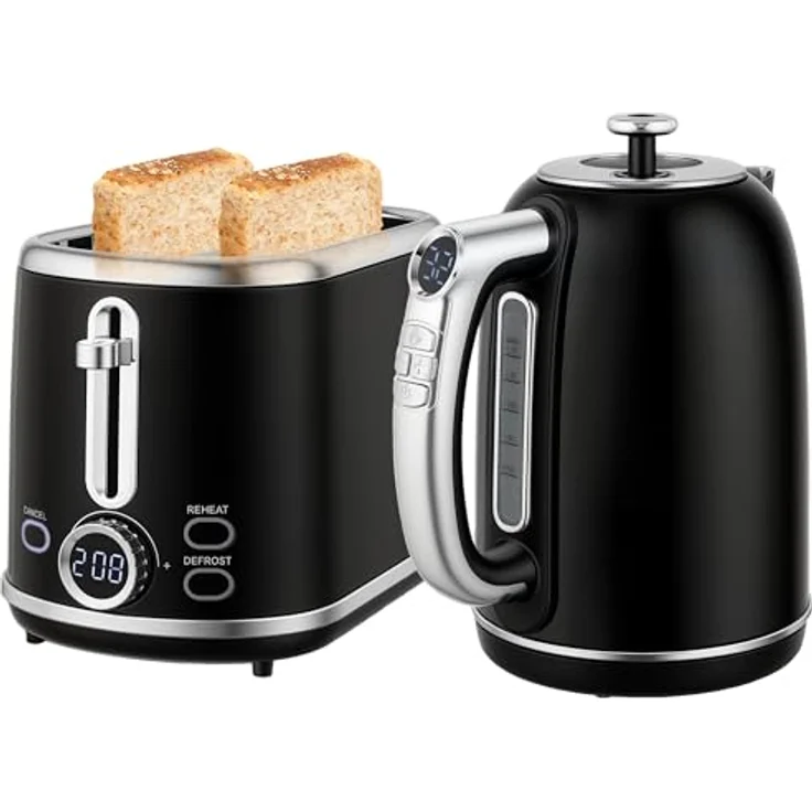 HOMCOM Wasserkocher-Toaster-Set, 1.7L mit Memory-Funktion, 2200W, LED-Display, Schwarz – Bild 1