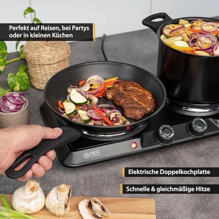 TZS First Austria Kochplatte, elektrisches Doppelkochfeld aus Gusseisen, Herdplatten für Zuhause, Camping & Reisen, Thermostat mit 5 Temperaturstufen, in Schwarz, 2500 W – Bild 2
