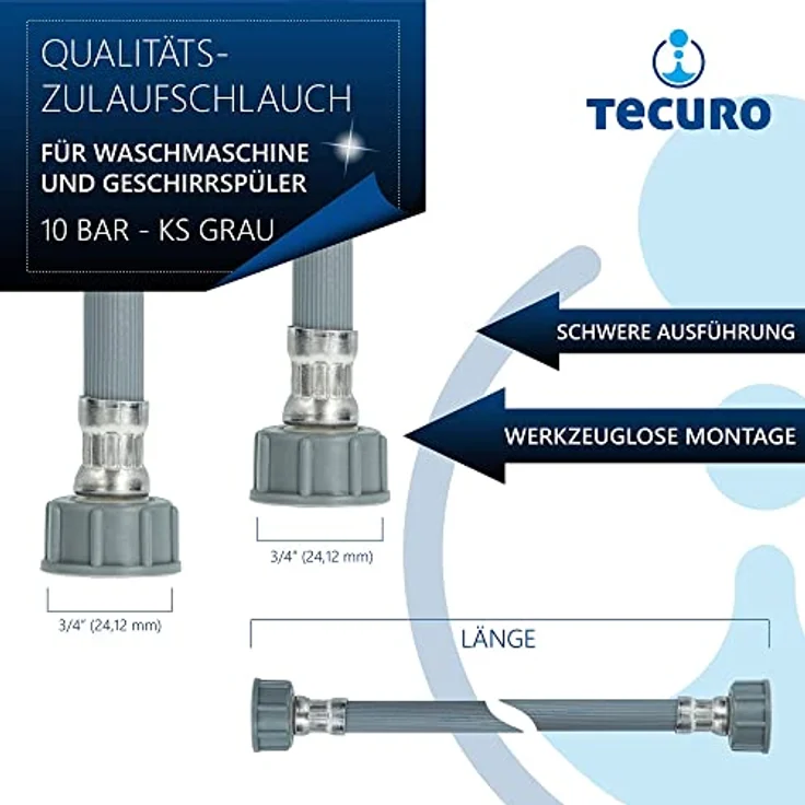 tecuro Zulaufschlauch 2,00 m, gerade, für Waschmaschinen und Geschirrspüler, 10 bar, KS-grau – Bild 3
