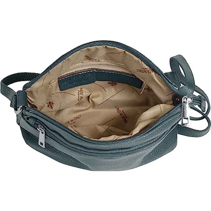 Cluty Umhängetasche aus echtem Rindleder, Made in Italy, 15 cm hoch, 27 cm breit, mit 4 Reißverschlussfächern und verstellbarem Schultergurt, klassisches Design – Bild 6