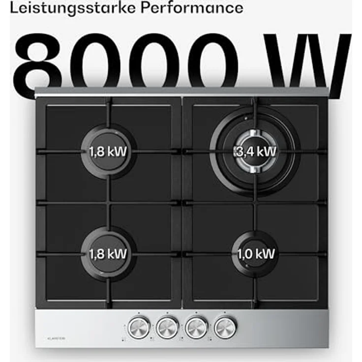 Klarstein Verosteel Gaskochfeld, 4-Brenner, 8000W, 60cm, Glas & Edelstahl, Flammenausfallschutz, elektrisch zündbar, Flüssiggas/Erdgas – Bild 3
