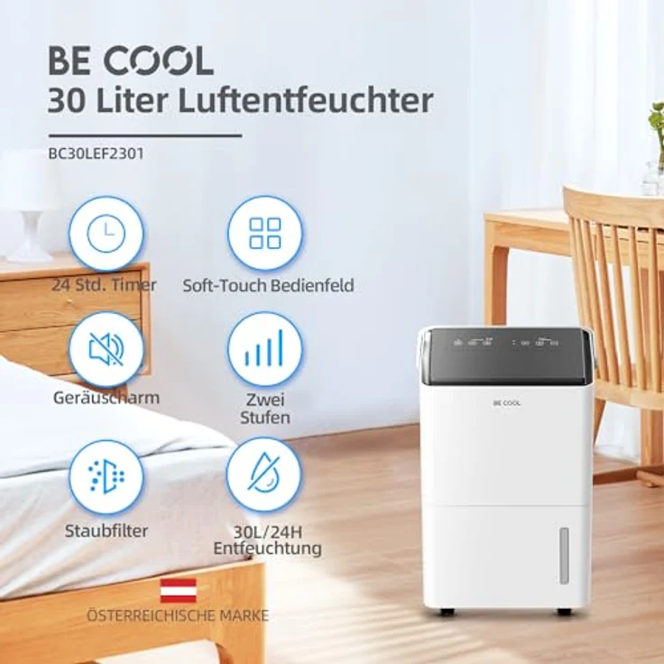 Be Cool BC30LEF2301 Luftentfeuchter 25m² 600W 30 l/Tag Weiß, Grau – Bild 2