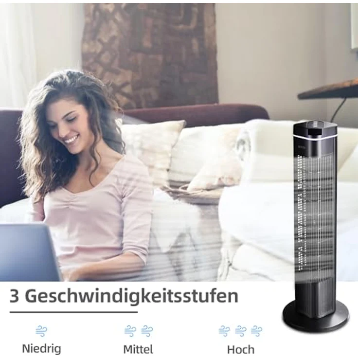 Be Cool Turmventilator 73 cm, mit Fernbedienung, 3 Geschwindigkeitsstufen, 3 Windmodi, Timer bis 8 Std., Oszillation 70°, LED-Bedienfeld, Schwarz – Bild 3