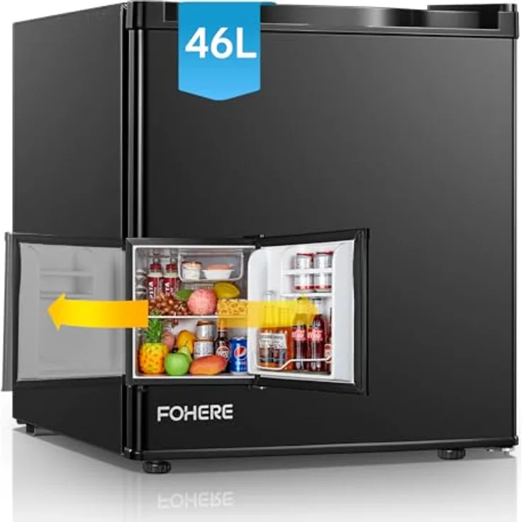 FOHERE Mini Kühlschrank 46L, Energiesparend mit Eisfach, Temperaturregelung, Leise, Beidseitig montierbar, Schwarz