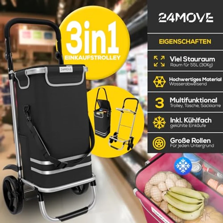 24MOVE® Einkaufstrolley Vehlo, klappbar mit 55L Kühlfach, faltbarer 3in1 Trolley - Sackkarre und Tasche, bis 30kg belastbar, schwarz – Bild 2