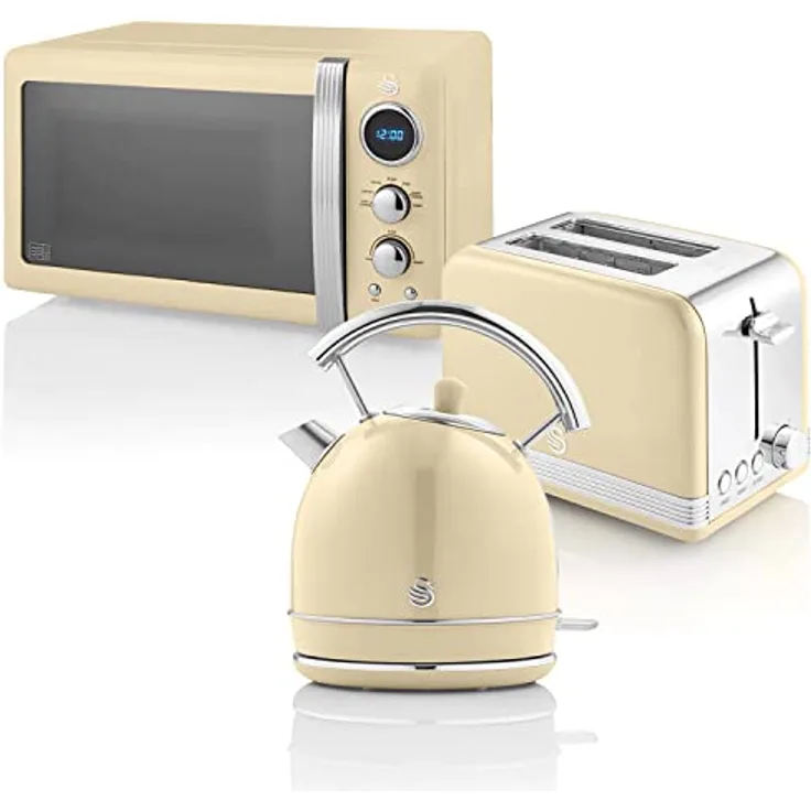 Swan STRP2070CNEU Retro Frühstücksset, Wasserkocher 1,8 L, 2-Scheiben Toaster, Mikrowelle 20 L in Creme mit automatischer Zentrierung und Überhitzungsschutz