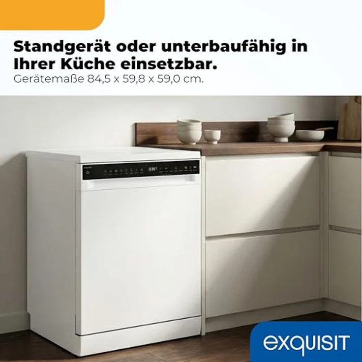 Exquisit GSP9616-450B, Stand-/Unterbau-Geschirrspüler mit 16 Maßgedecken, Energieklasse B, 45 dB, 8 Programme, Besteckschublade, halbe Beladung, weiß – Bild 3