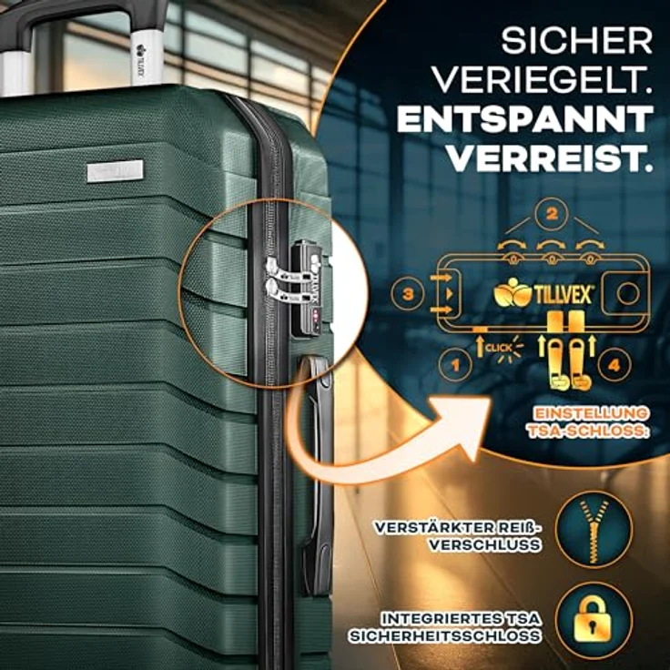 tillvex® Reisekoffer Set 3-TLG. Hartschalenkoffer mit 4 Rollen, integriertes TSA-Schloss, inkl. Gepäckwaage, Koffergurte & Kofferanhänger, Farben: Armeegrün, Größen S-M-L-XL – Bild 4