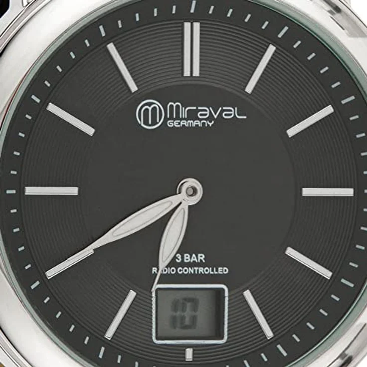 Miraval Fun-Armbanduhr, 42 mm Edelstahlgehäuse mit Lederarmband, japanisches Quarzuhrwerk, Funkuhr DCF77, digitale & analoge Anzeige, Datumsanzeige – Bild 2